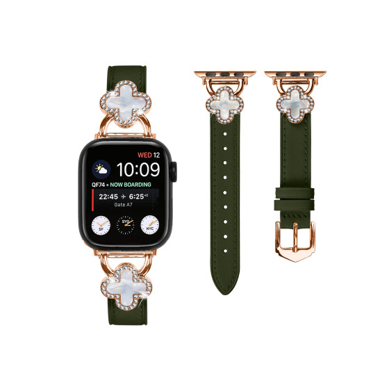 Glealx Clover Mother-of-Pearl Leather Band for Apple Watch, White Calfskin Strap with Rose Gold Crystal Accents
