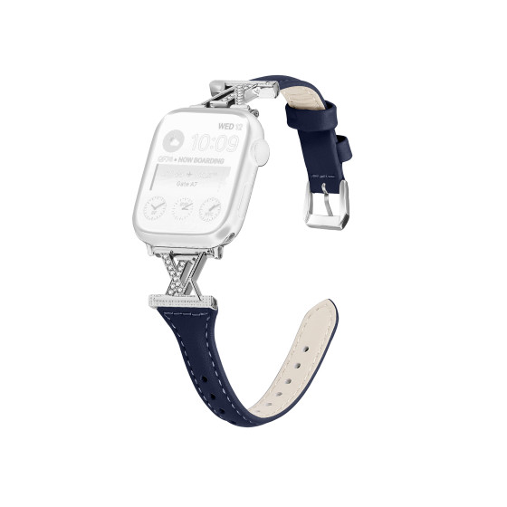 Glealx X-Shaped Diamond Leather Band for Apple Watch, Black Calfskin Strap with Crystal-Encrusted Hardware
