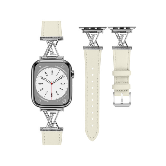 Glealx Apple Watch X-shaped rhinestone buckle, genuine leather pointed tail strap, black calfskin strap with crystal-inlaid hardware