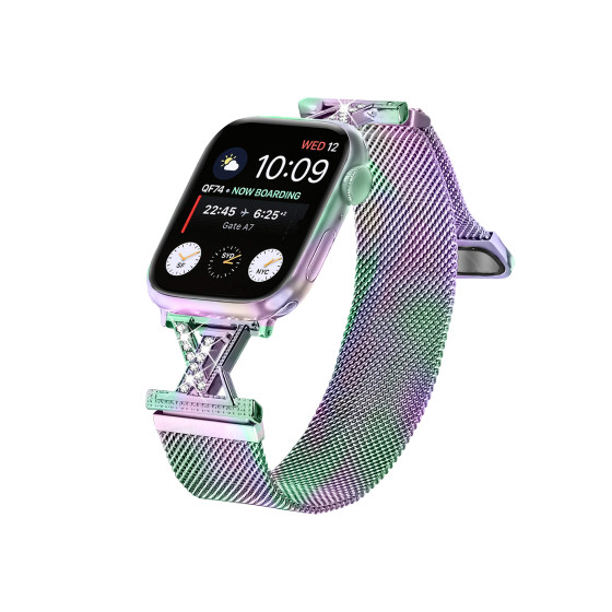Glealx Black Milanese Loop Band with X-Shaped Crystal Accent for Apple Watch, Magnetic Mesh Strap