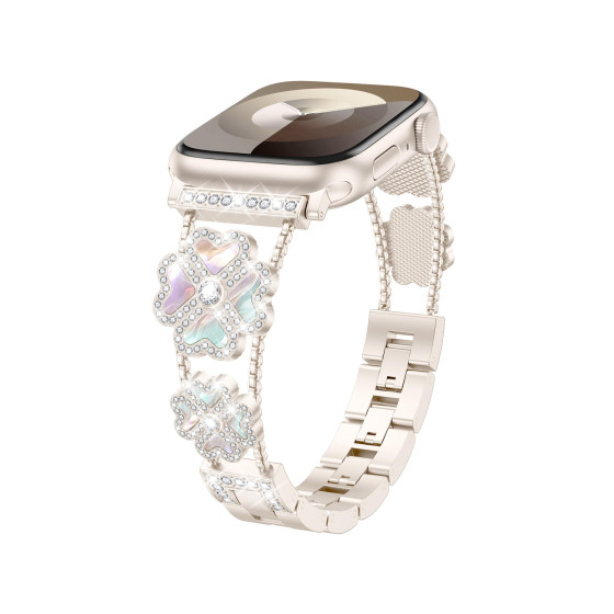 Glealx Clover Charm Diamond & Mother-of-Pearl Band for Apple Watch, Luxury Stainless Steel Bracelet with Crystal Accents