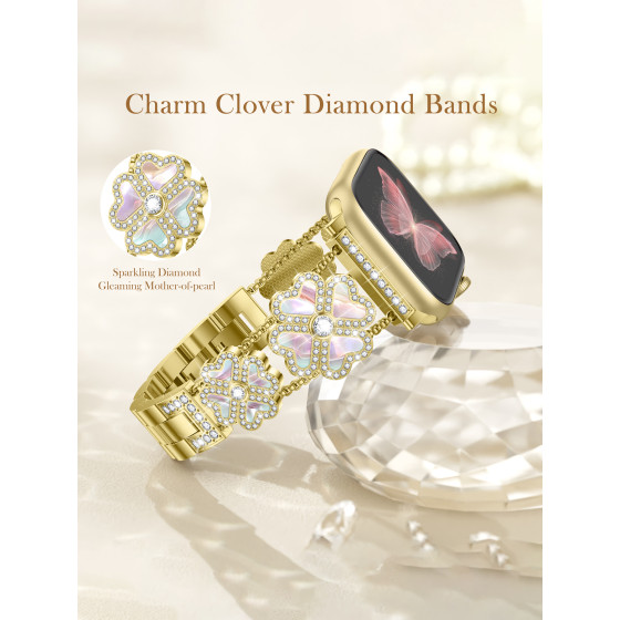 Glealx Clover Charm Diamond & Mother-of-Pearl Band for Apple Watch, Luxury Stainless Steel Bracelet with Crystal Accents