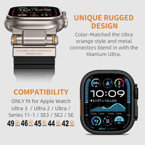 坚固耐用的耐腐蚀硅胶带Apple Watch Ultra，战术黑色表带与工业金属连接器