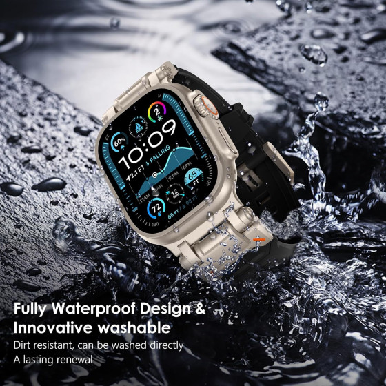 坚固的战术米色硅胶带Apple Watch Ultra，重型工业风格表带与精密金属连接器